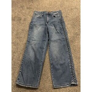 Judy Blue Jeans Womens 9/29 Wide Leg Capri Braid Trim Stretch Medium Wash Denim